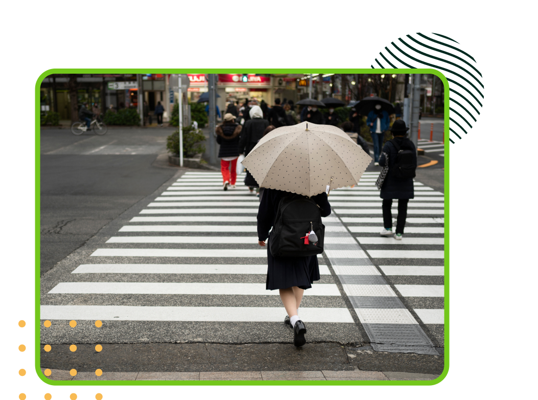 Pedestrians crossing a city street at a crosswalk as cars wait, illustrating real-world pedestrian safety and driver awareness gaps